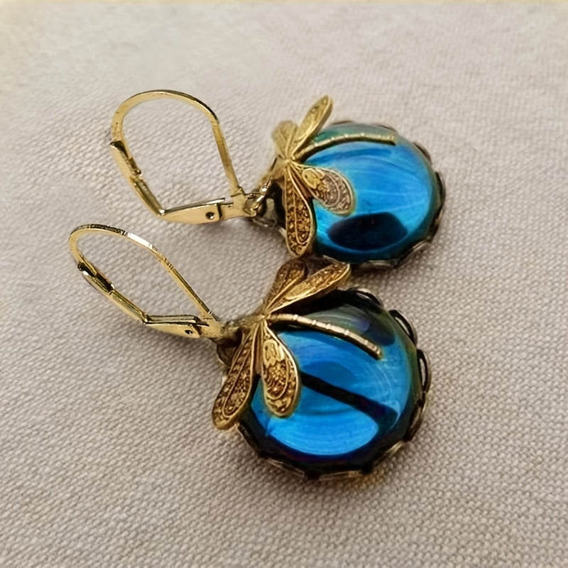 sengpan Vintage Metal Dragonfly Earrings Inky Blue Moonstone Brass Glass Cabochon Vintage Victorian Gifts for Women