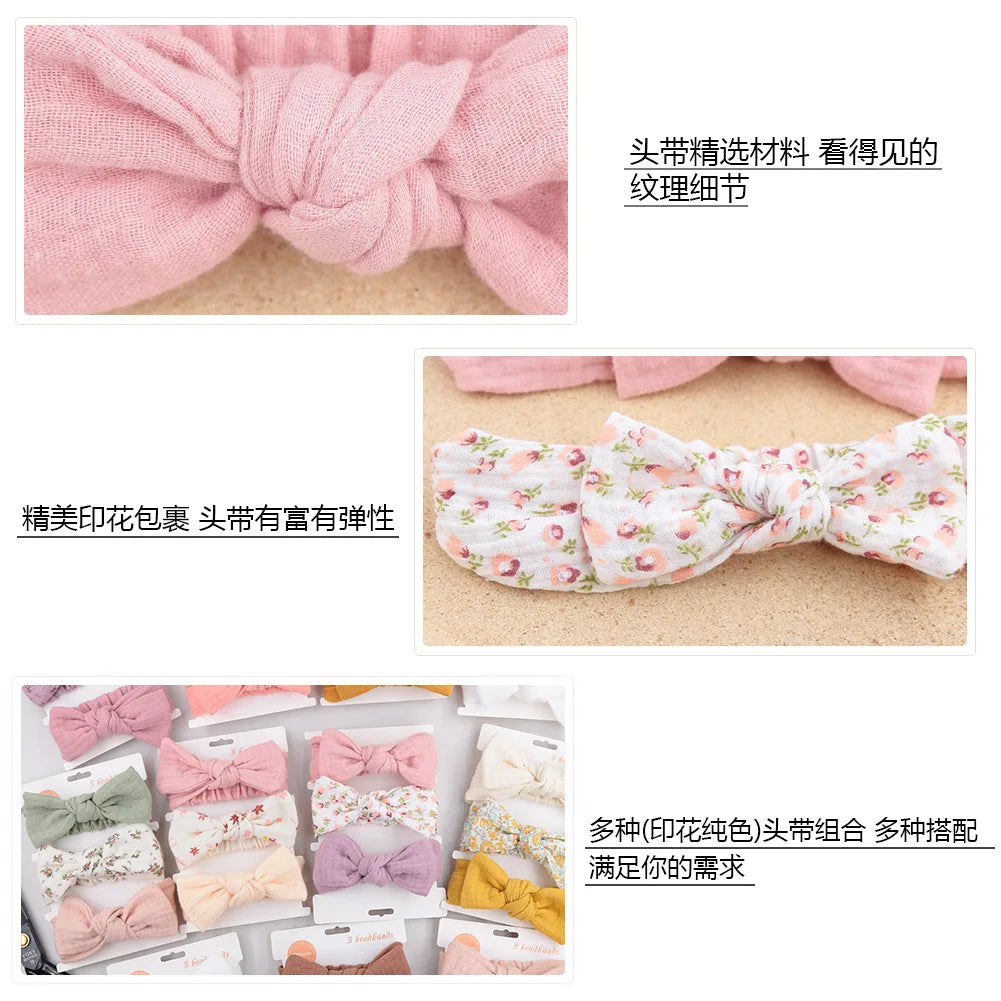 Lianfudai 3PC/lot Muslin Cotton Linen Baby Headband Newborn Knotted Hair Bow Turban Floral Print Headband Children Girls Hair Accessories