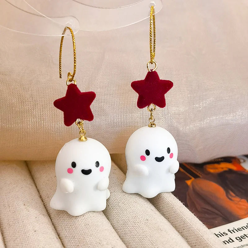 sengpan Fancy Resin Halloween Ghost Drop Earrings For Women Red Bowknot Flannel Ghost Dangle Earring Christmas Festival Party Jewelry