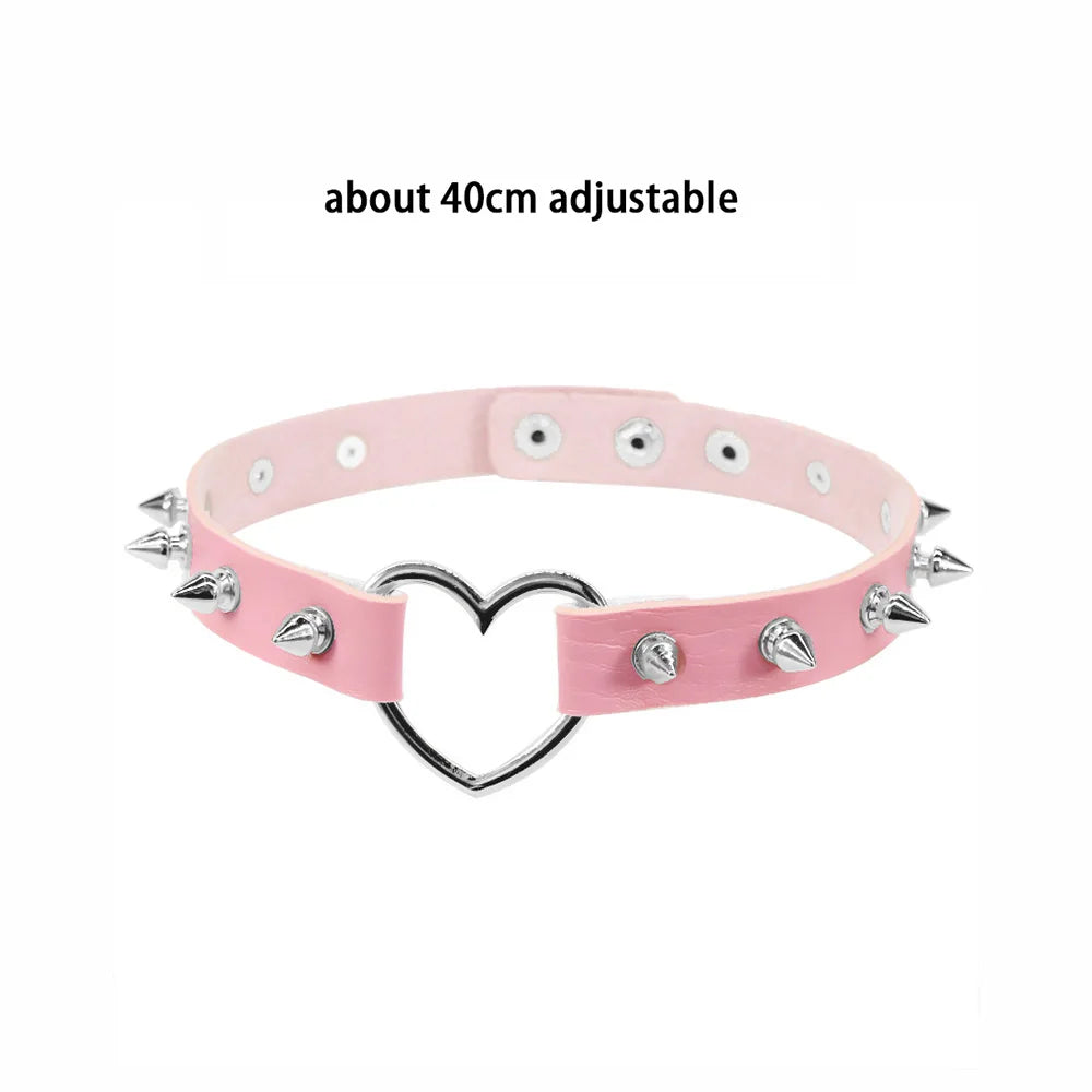 sengpan Pink Sexy Trendy Rock Gothic Collar Necklaces Jewelry Gothic Leather Heart Rivets Harajuku Punk Choker Necklace for Women Gift