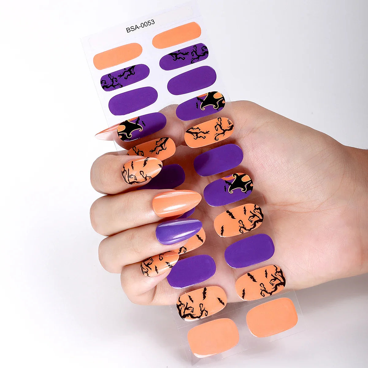 sengpan 22tips Halloween Gel Nail Strips Orange Purple Luminous No-Bake Adhesive Nail Wraps+Freebie 1pcs 5D Heart Star Y2K Nail Decals