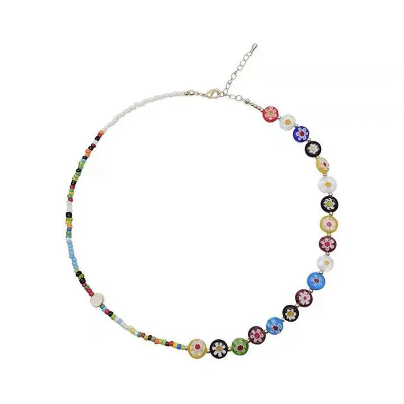 Lianfudai New Korea Summer Lovely Colorful Flowers Daisy Transparent Crystal Beading Strand Short Choker Necklace for Women