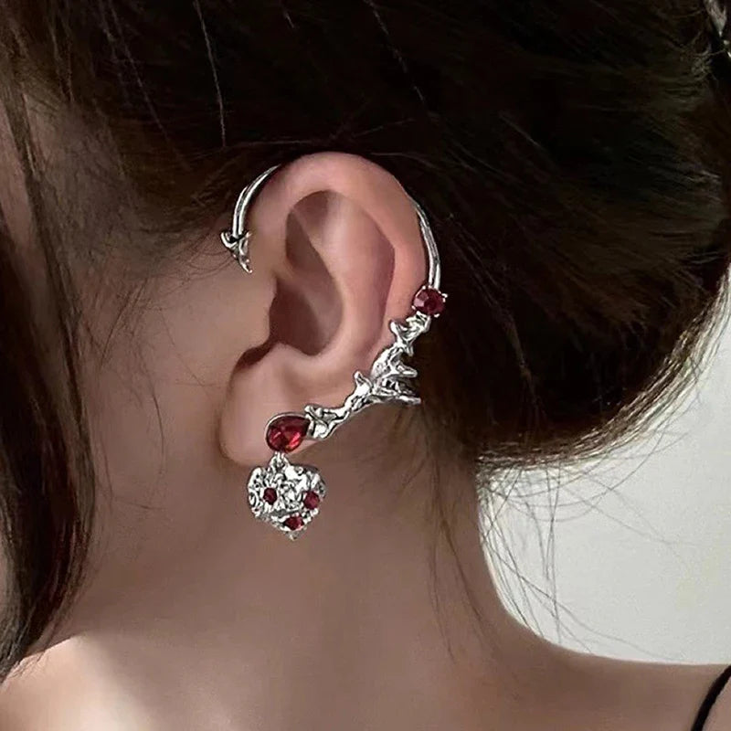 sengpan Silver-Color Red Heart Ear Clip Without Piercing for Women Girls Hollow Spider Metal Ear Cuff Earrings Punk Ear-Hook Jewelry