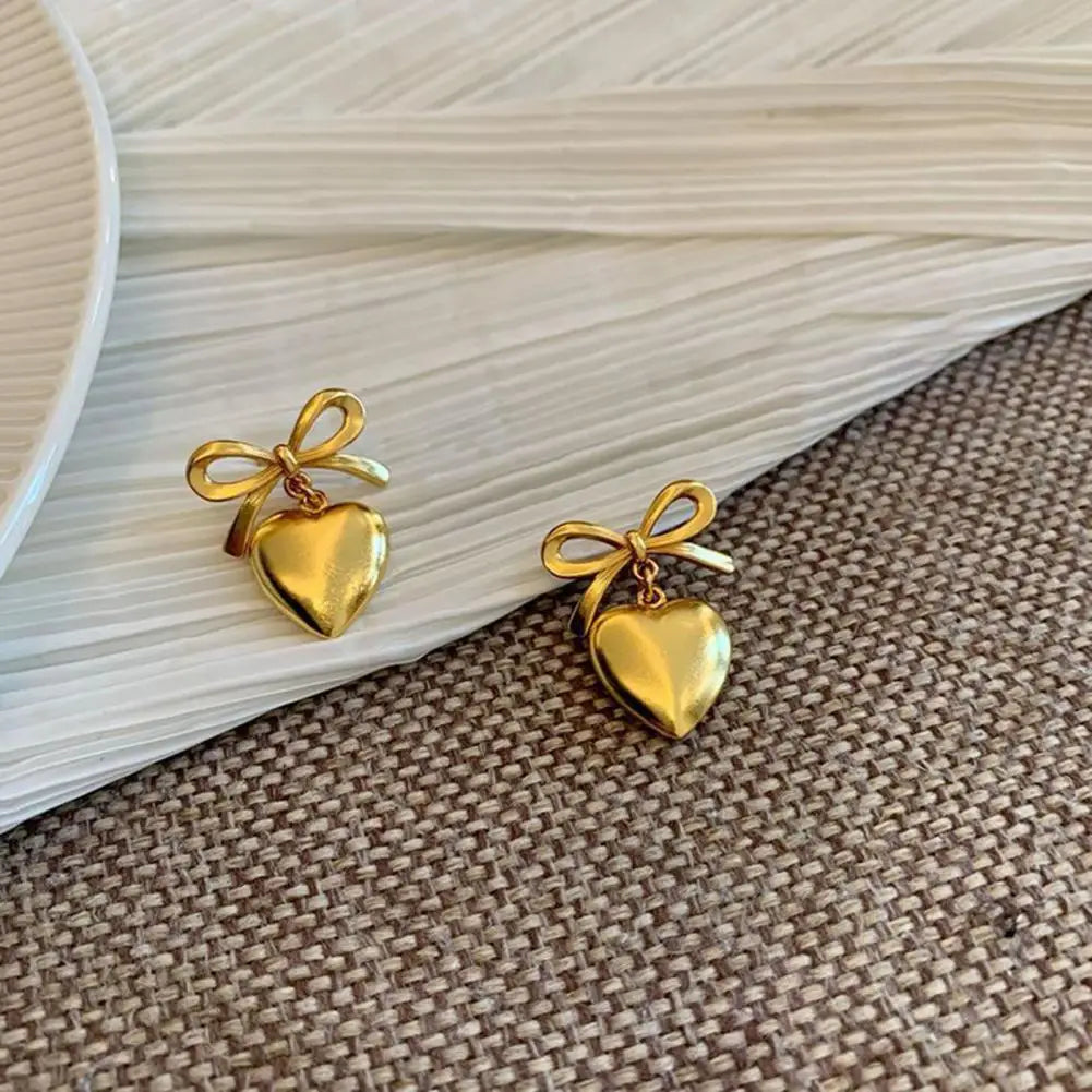 sengpan Elegant Stud Earrings Elegant Bow Heart Drop Earrings for Women Luxury Vintage Jewelry Gift Christmas Bowknot Stud Earrings Fine