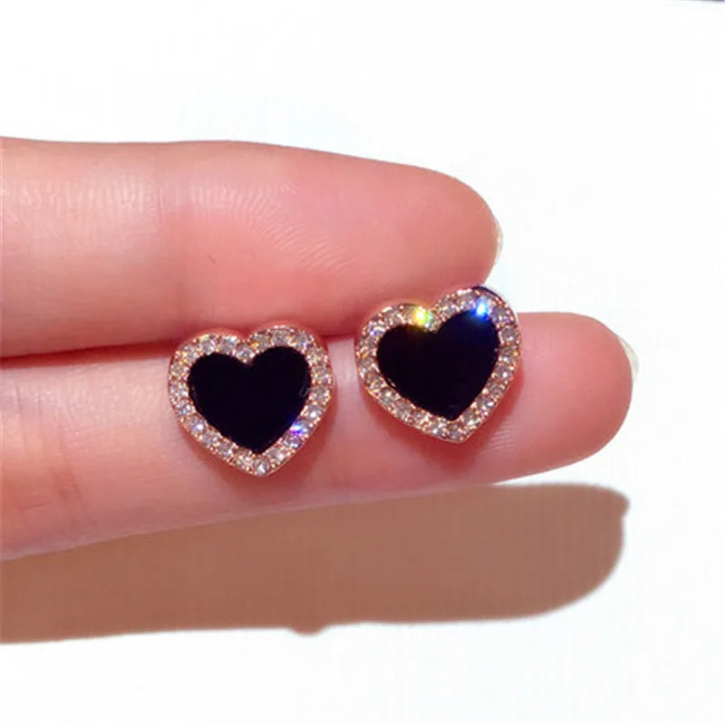 Lianfudai Cute Korean Earrings Heart Bling Zircon Stone Rose Gold Color Stud Earring for Women Fashion Jewelry 2024 New Gift