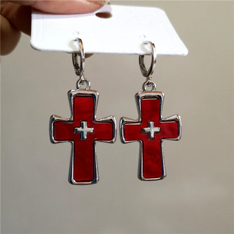 sengpan New Punk Red Cross Pendant Drop Earrings for Women Men Y2K for Piercing Earrings Party Aesthetic EMO Grunge Jewelry Accessories