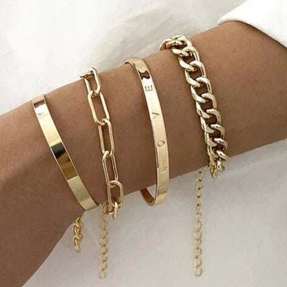 sengpan 4pcs Punk Curb Cuban Chain Bracelets Set for Women Simple Thick Gold Color Charm Bracelets Fashion Jewelry Accessories New