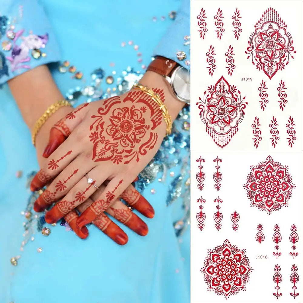 sengpan Red Henna Temporary Tattoos for Women Flower Mandala Mehndi Stickers for Hand Women's Body Protection Tattoo Waterproof