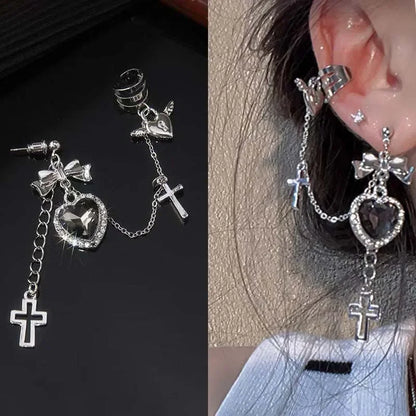 sengpan Punk Gothic Black Crystal Heart Cross Chain Ear Cuff for Men Women Hip Hop Metal Cross Ear Clip On Earrings Egirl Jewelry Gift