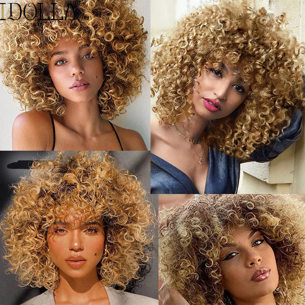 sengpan Short Curly Blonde Wig Synthetic Afro Kinky Curly Wig With Bangs For Black Women Natural Ombre Blonde Cosplay Wig