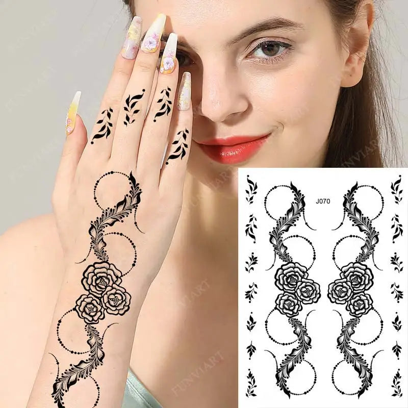 sengpan Black Henna Tattoo Sticker Waterproof Temporary Tattoos for Women Body Art Mehndi Stickers for Hand Flower Fake Tattoo