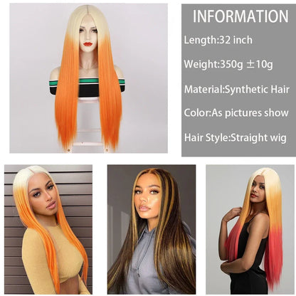 sengpan Long Straight Hair Wigs Blond Ginger Orange Middle Part Wig for Women Ombre Synthetic Cosplay Wig Heat Resistant Fiber Fake Hair