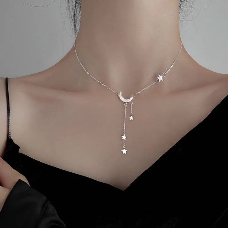 Lianfudai 2024 Exquisite Bling Silver Color Tassel Star Moon Necklace For Women Clavicle Chain Woman Jewelry Birthday Gift Accessories