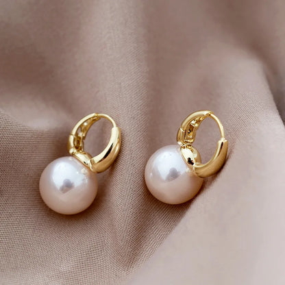 Lianfudai 2024 New Cute Pearl Studs Hoop Earrings for Women Gold Color Eardrop Minimalist Hoops Wedding Fashion Jewelry Dropship