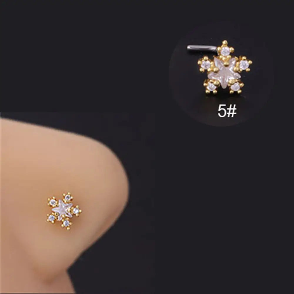 Lianfudai New Fashion Unisex Zircon Punk Style Nose Nail Titanium Steel L Shaped Nose Studs Piercing Jewelry