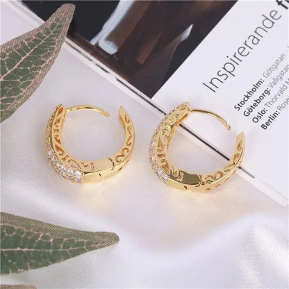 sengpan Full Sparkling Zircon Inlaid Golden Hoop Earrings Retro Elegant Style 18K Gold Plated Jewelry Female Gift