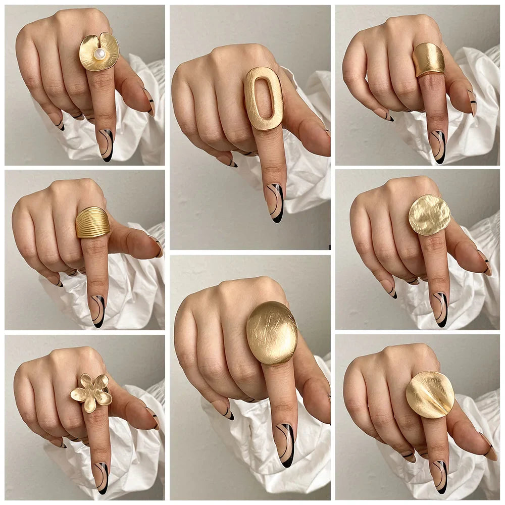 sengpan Fashion Elastic Rope Adjustable Rings for Women Men Irregular Geometric Matte Chunky Gold Color Finger Ring Charm Jewelry