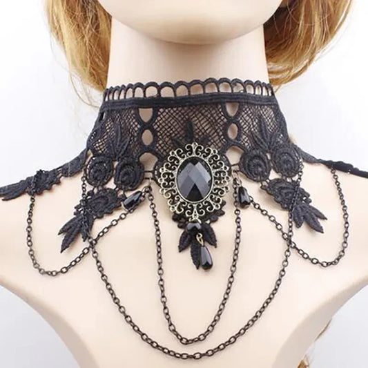 sengpan  Fashion Gothic Victorian Crystal Tassel Tattoo Choker Necklace Black Lace Collar Vintage Women Wedding Jewelry