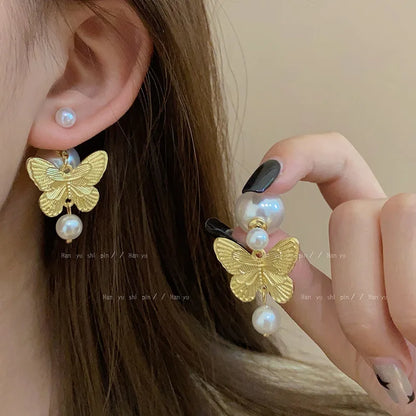 Lianfudai 2024 New Personality Pearl Butterfly Earrings Delicate Niche Design Advanced Sense Two Wear 925 Silver Needle Earrings