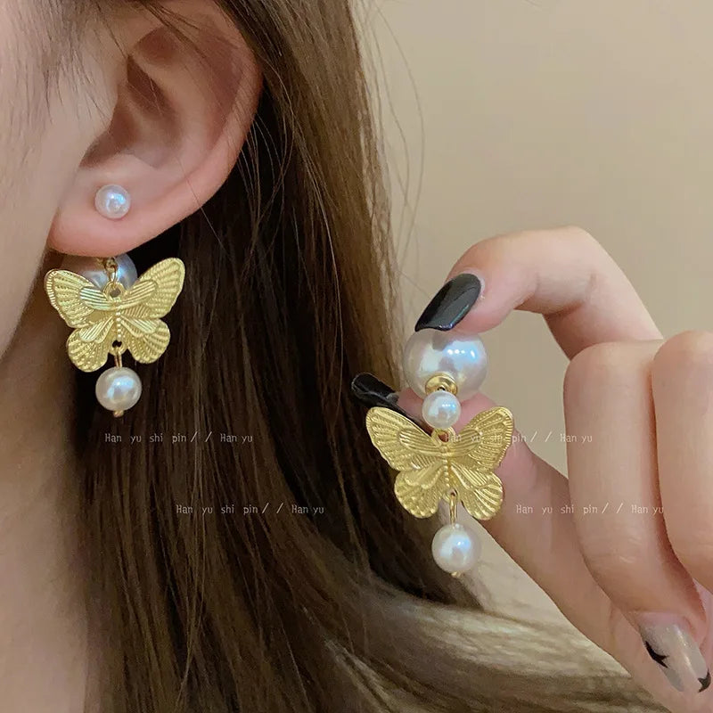 sengpan 2024 New Personality Pearl Butterfly Earrings Delicate Niche Design Advanced Sense Two Wear 925 Silver Needle Earrings