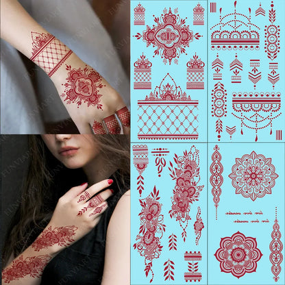 sengpan Maroon Henna Stickers for Hands Waterproof Temporary Henna Tattoos for Women Fake Tattoo Brown Henna Decorations Wedding