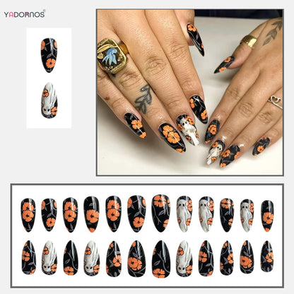 sengpan 24pcs Dark Black Fake Nails Halloween Theme False Nail Patches Orange Flower Ghost Printed Press On Nails Detachable Manicure