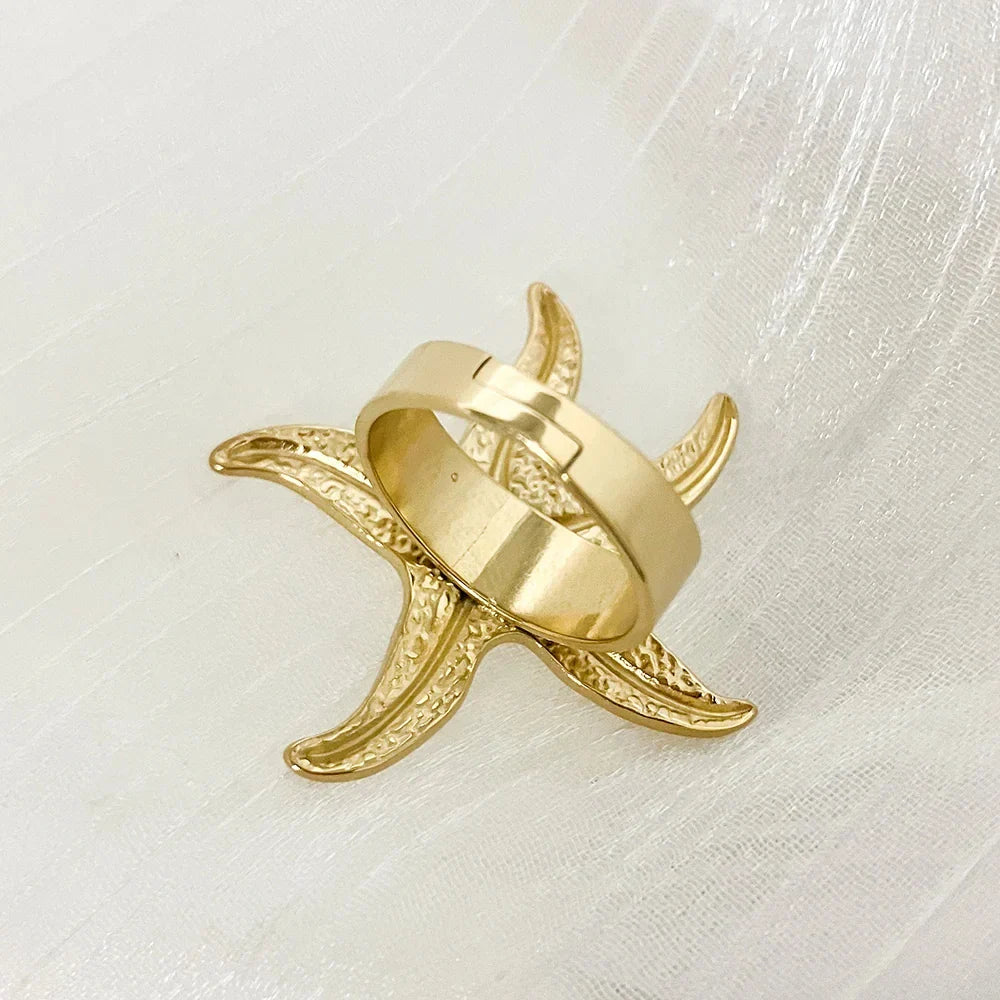 sengpan 1pc Starfish Shaped Funny Stainless Steel Opening Ring 14K Gold Plated Funny Accessories Men And Women's Ring For Daily Wear