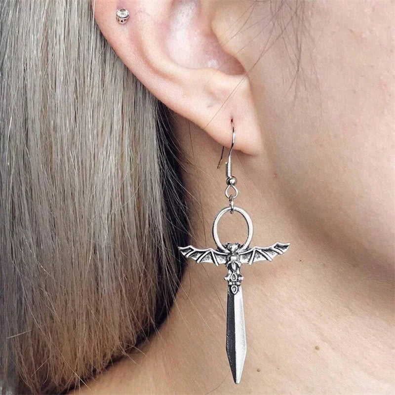 sengpan Gothic Vampire Bat Sword Pendant Earrings For Men Fashion Punk Halloween Party Jewelry Gifts  Vintage Bat Cross Ear Hooks Trend