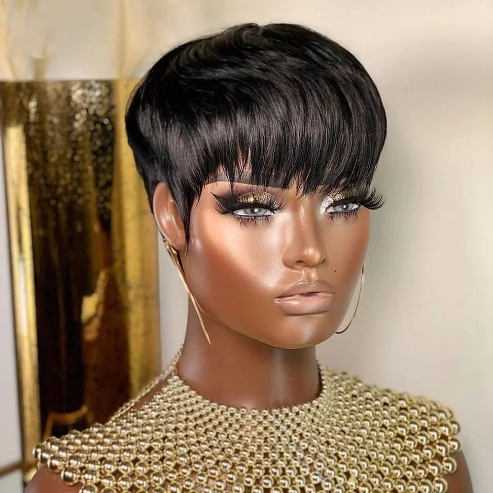 sengpan Short Human Hair Wigs Pixie Cut Straight perruque bresillienne for Black Women Machine Made Wigs With Bangs Cheap Glueless Wig