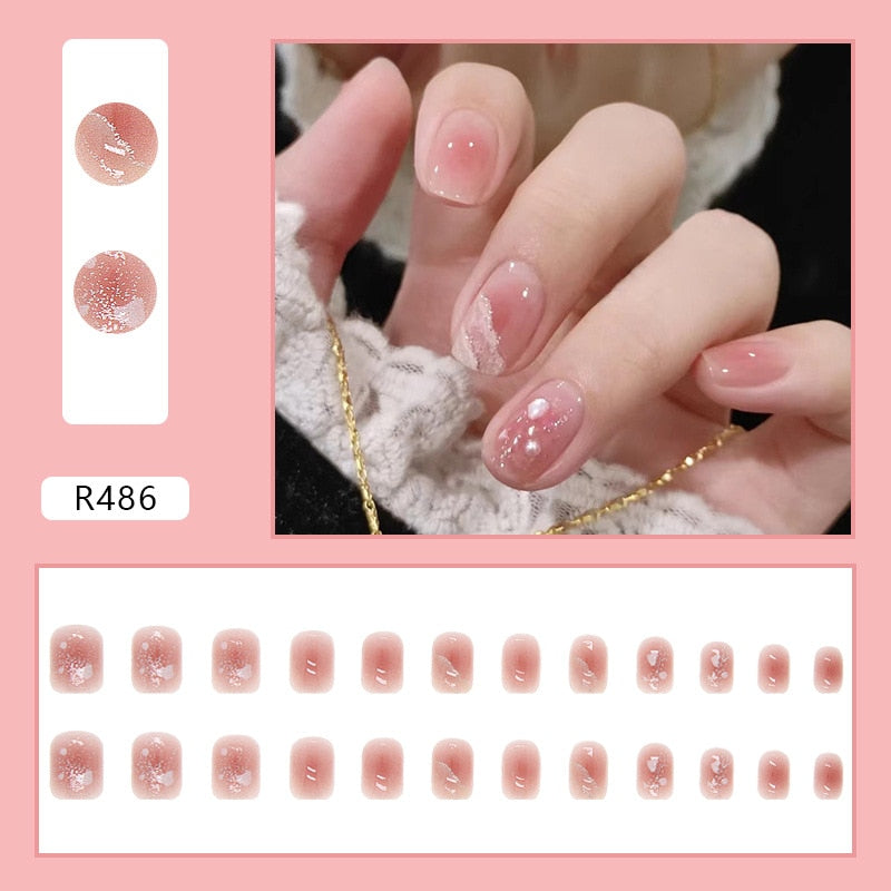 sengpan 24Pcs French With Drill Short Fake Nails Press On Nail Tips Artificial Full Cover Cute Bow Wearing False Nails Art Free Shipping