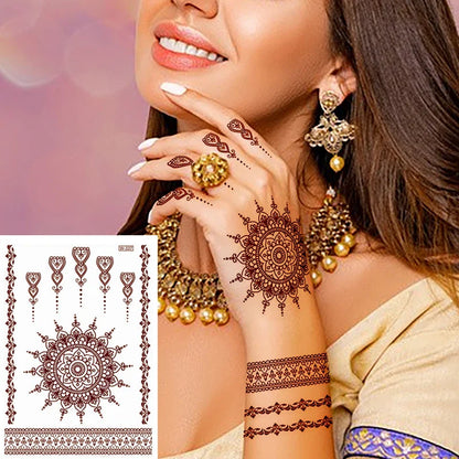 sengpan Brown Henna Temporary Tattoos for Women Henna Design Stickers for Hand Neck Body Art for Wedding Flora Hena Tattoo Waterproof