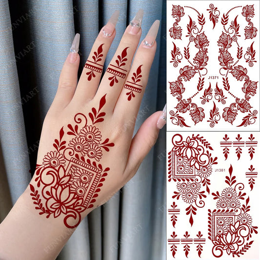 sengpan Brown Henna Tattoo Stickers for Hand Foot Waterproof Temporary Tattoos for Women Maroon Color Fake Tattoo for Wedding Body Art