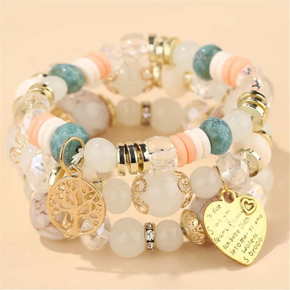 sengpan  Bohemian White Crystal Beads Strand Bracelets For Women Girls Ethnic Tree Of Life Charm Wrap Bracelet Pulseira Feminina