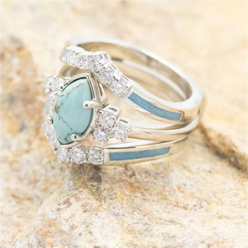 sengpan 3 Pieces/Set Women's Plated Multilayer Hollow Turquoise Rings With Delicate Moissanite Engagement Wedding Rings