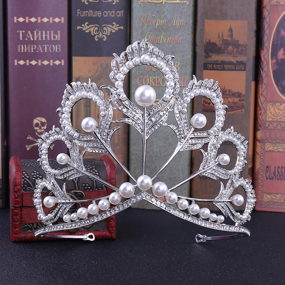 sengpan New Arrival Big Size Pageant Full Round Silver Color Pearl Feather Shining Rhinestone Tiara Crown Headwear Hair Accessories