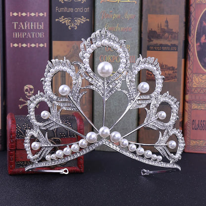 sengpan New Arrival Big Size Pageant Full Round Silver Color Pearl Feather Shining Rhinestone Tiara Crown Headwear Hair Accessories