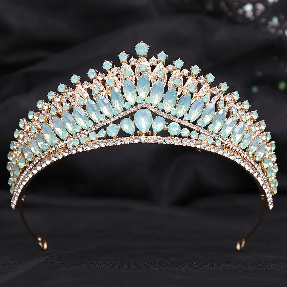 sengpan Luxury Green Opal Crystal Flower Water Drop Tiara Crown Women Wedding Party Elegant Bridal Bride Crown Hair Accessories