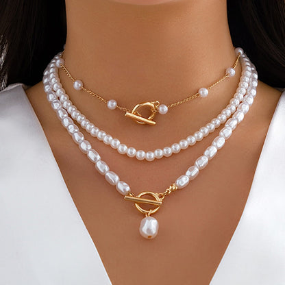 sengpan Vintage Baroque Pearl Heart OT Buckle Pendant Necklace for Women Wedding Bridal Bead Chain Neck Accessories Jewelry New