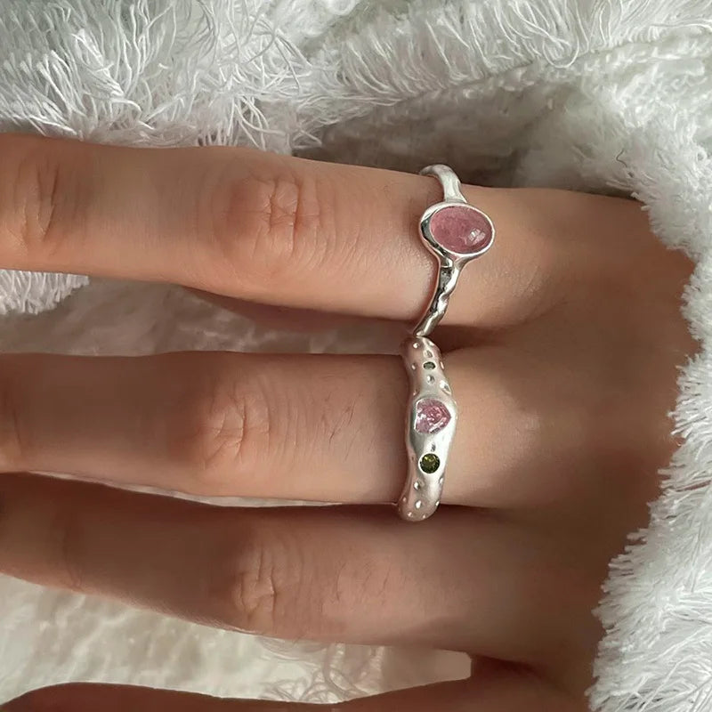 sengpan  Silver Simple Retro Pink Stone Rings For Women Geometric Fashion Smiple Open Handmade Allergy Party Jewelry Gift