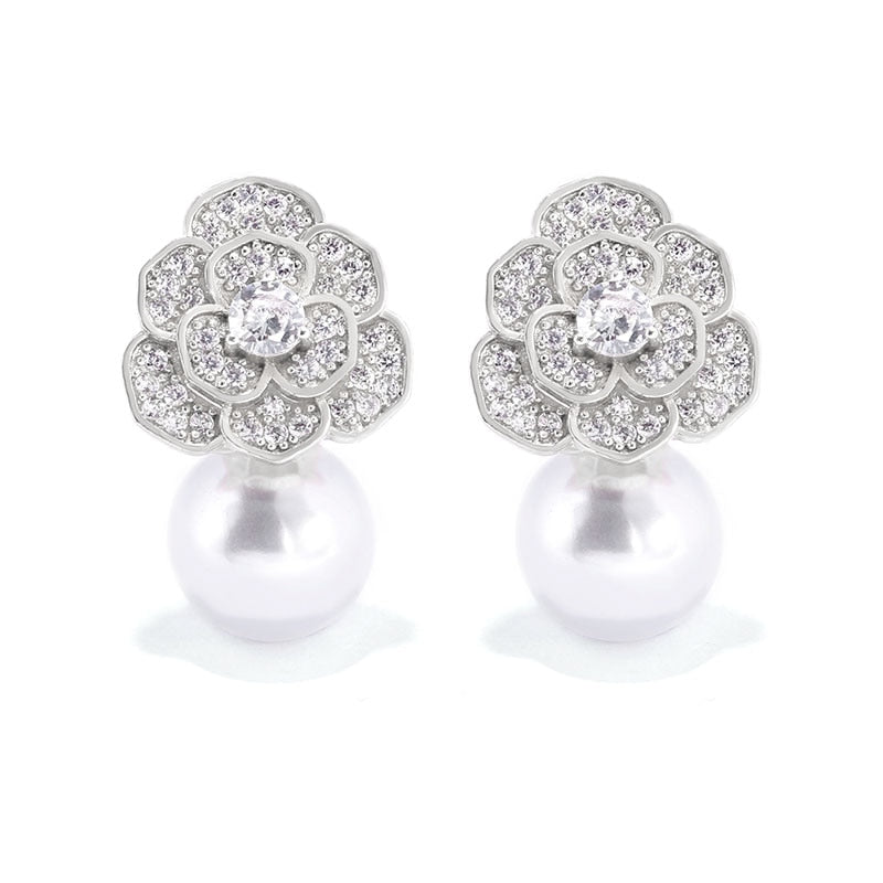 sengpan Fashion Imitation Pearl Wedding  Jewelry Elegant Zircnia Crystals Stud Earrings For Women Patry Dress Accessories CE1858