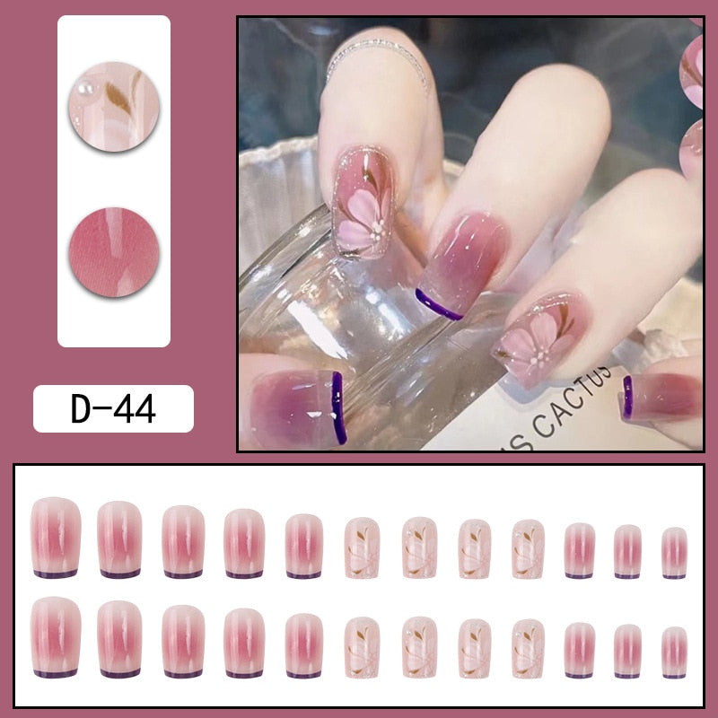 sengpan 24pcs French Point Diamond Fake Nails Wearing Artificial Square Head Press On Acrylic Nail Art Pearl Patch Almond False Nails