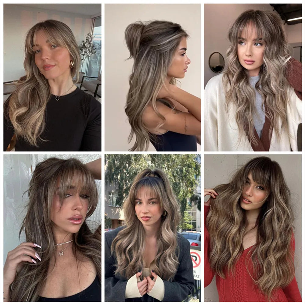 sengpan  Brown Highlight Long Wave Wigs for Women Synthetic Wig with Bangs Ombre Mixed Color Natural Looking Hair for Daily