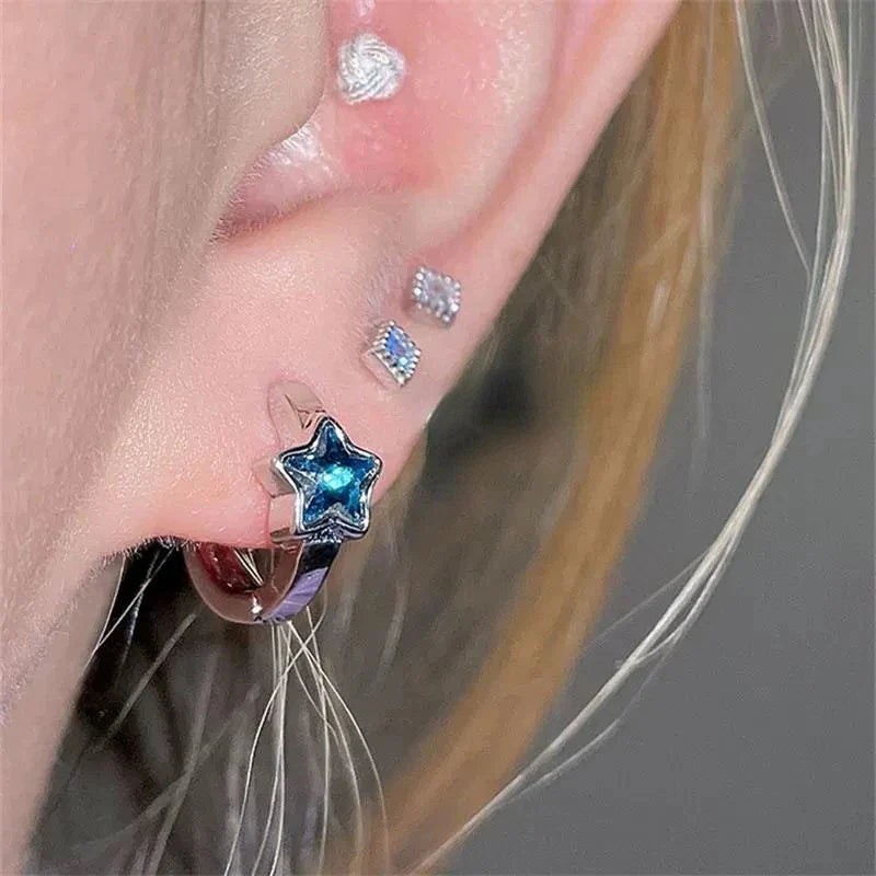 sengpan Blue Rhinestone Star Pentagram Hoop Earrings for Women Hot Girls Crystal Ear Bone Nail Piercing Earring Y2K Fashion Jewelry Gift