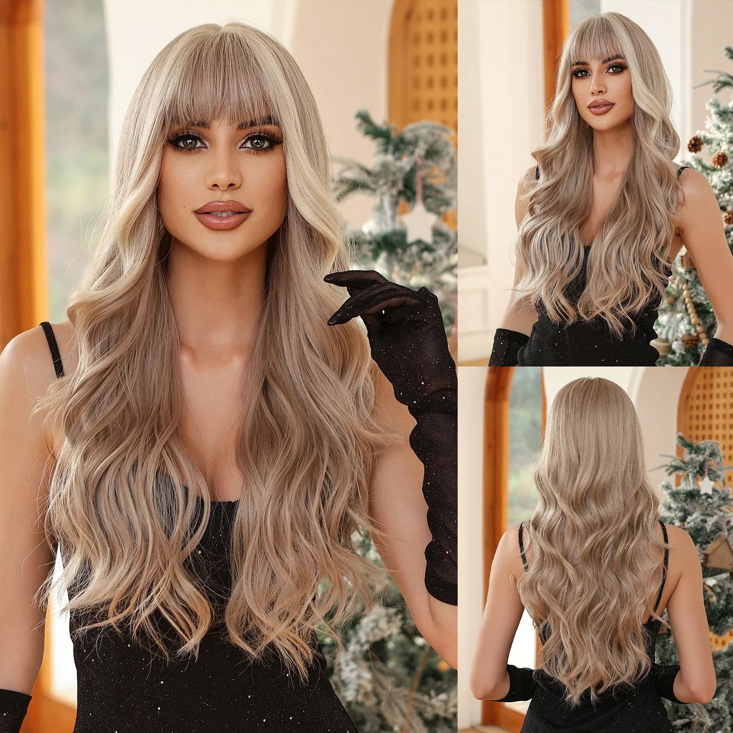 sengpan Orange Blonde Ombre Long Wavy Synthetic Wigs with Bangs Party Cosplay Wig for Women Natural Fake Hair Heat Resistant