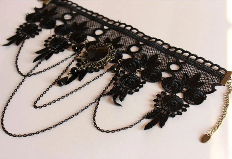 sengpan  Fashion Gothic Victorian Crystal Tassel Tattoo Choker Necklace Black Lace Collar Vintage Women Wedding Jewelry