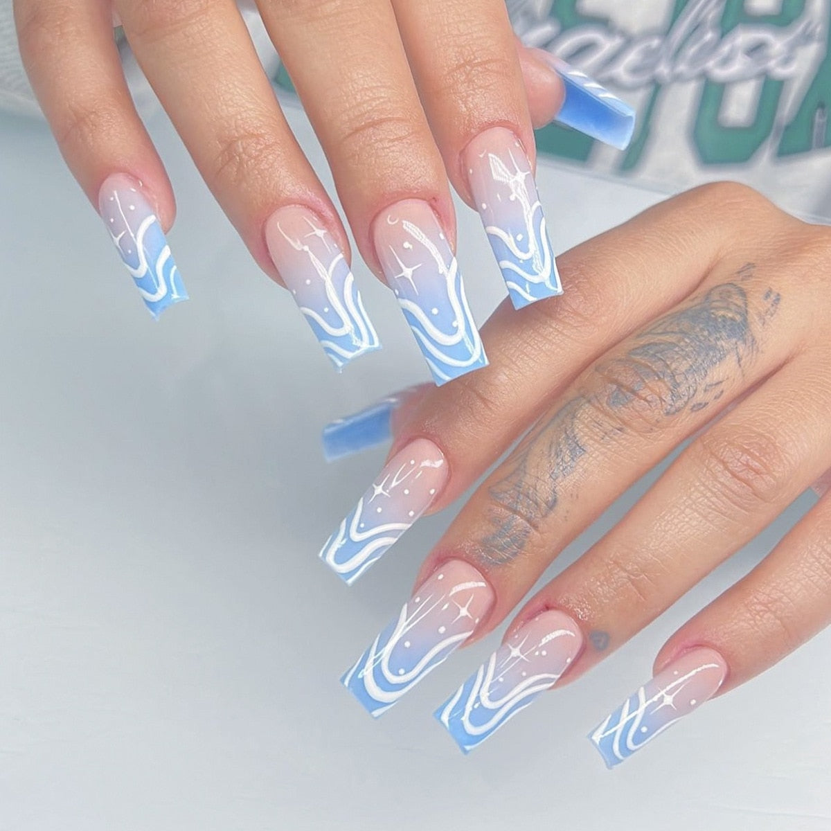 Lianfudai current nail trends 2023   24Pcs Long French Fake Nails with Glue Ballet False Nails Butterfly Rhinestone Design Press on Nails Wearable Coffin Nail Tips