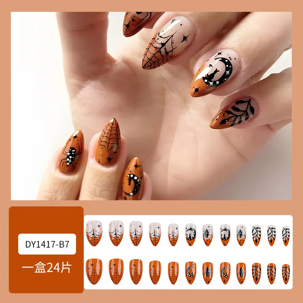 sengpan 24pcs Halloween Funny Spider Fake Nails Press On Nails Full Cover Orange Edge French False Nails Short Almond Shaped Nail Tips