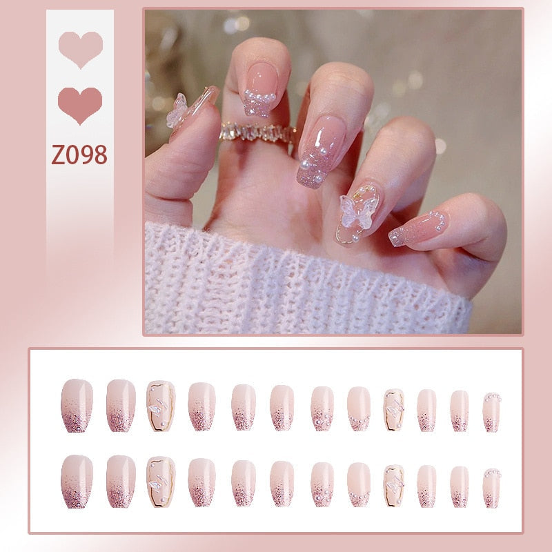 sengpan 24P Nail Art Fake Nails Japanese Ballerina Press on Nails Set Diamond Streamer Flash Fly Butterfly Seamless Removable False Nail