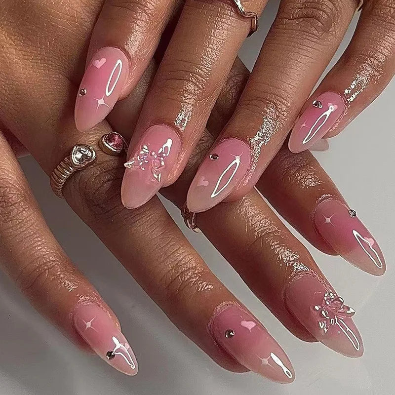 sengpan Simple Stiletto French Fake Nails for Valentine's Day Almond Sweet False Nails with Glue Full Cover Artificial Nails Press On