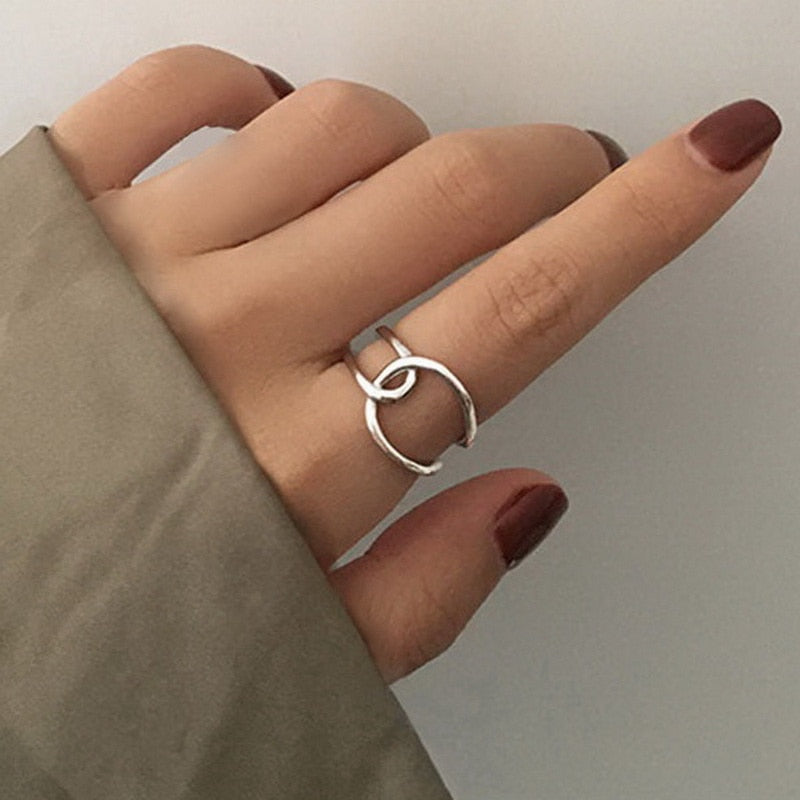 sengpan Silver Color Bijoux Simple Style Multilayer Line Finger Rings Girl Gift Large Open Ring Geometric Irregular Exaggerated Jewelry